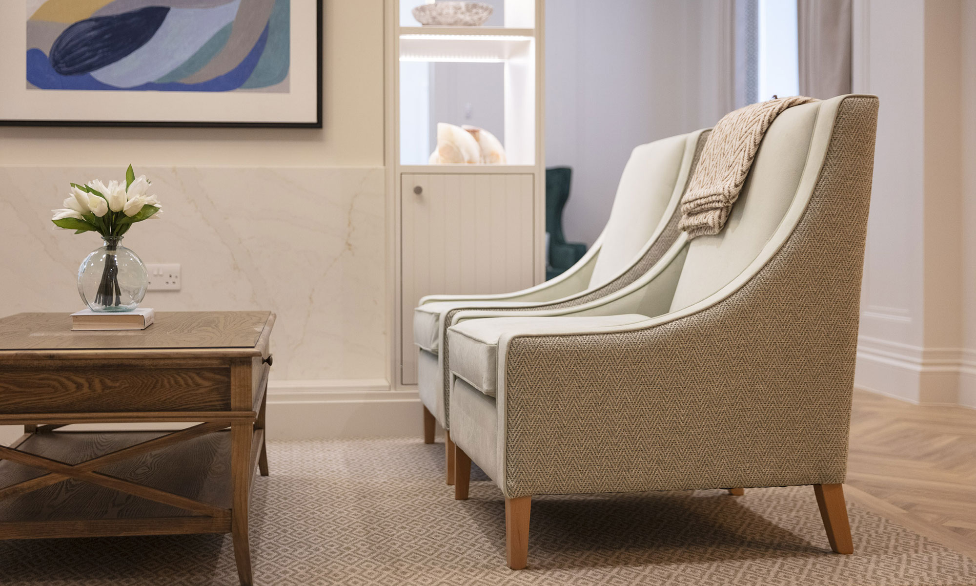 Upper Court Care Home - Lounge area. A pair of Orto low back armchairs.